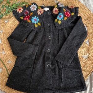 Mimi & Maggie Buttoned Front 80% Wool Embroidered Sweater Jacket. M